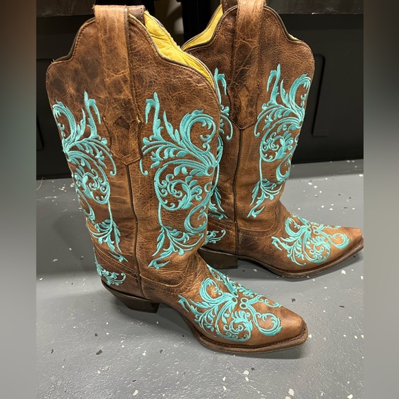Brown and Teal Embroidered Boots - Picture 1 of 9